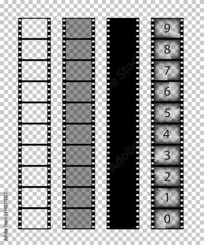Vector isolated film strips on transparent background.