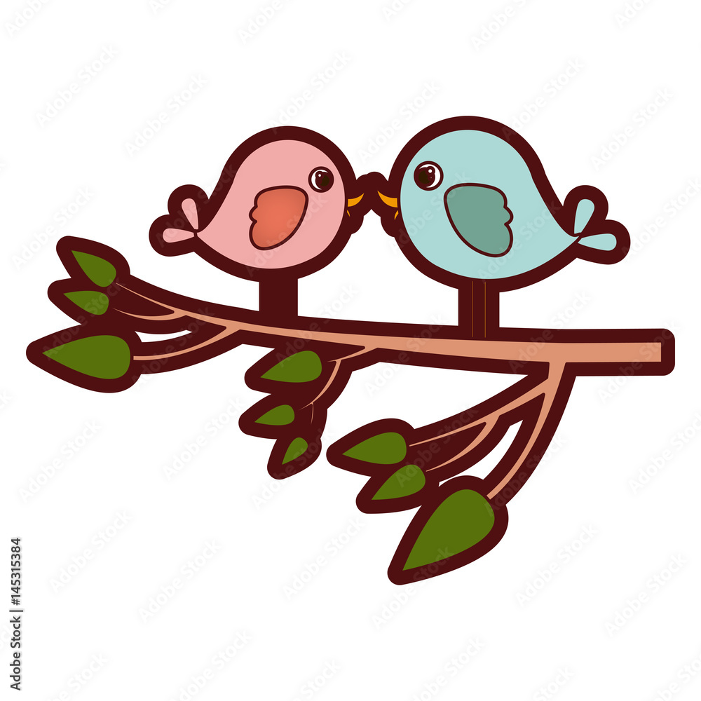 Obraz premium colorful thick silhouette with pair birds in tree branch vector illustration