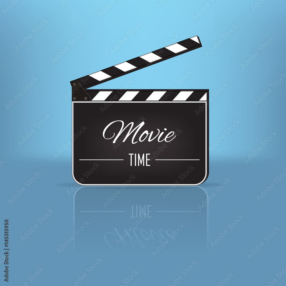 Opened clapperboard with Movie time text with mirror reflection on blue background. Vector illustration.