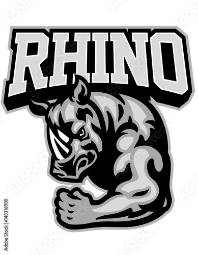 rhino mascot showing his muscle arm
