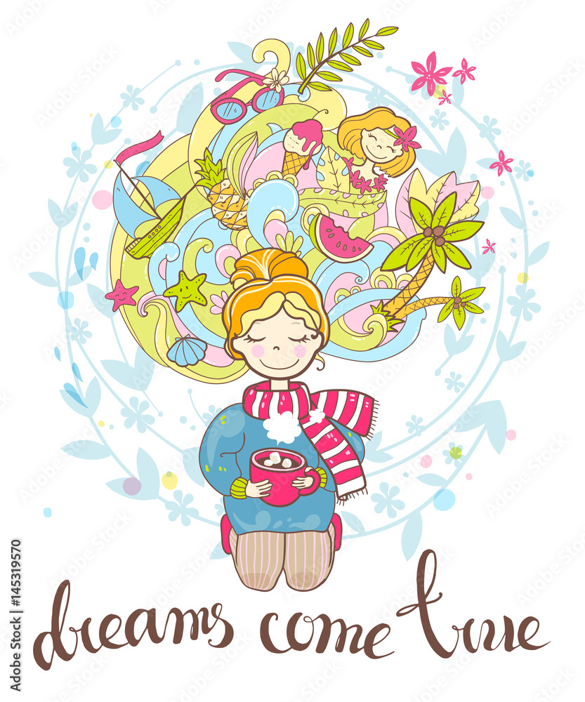 A sweet rosy dreaming girl sits on her knees with a cup of drink A sweet rosy dreaming girl sits on her knees with a cup of drink