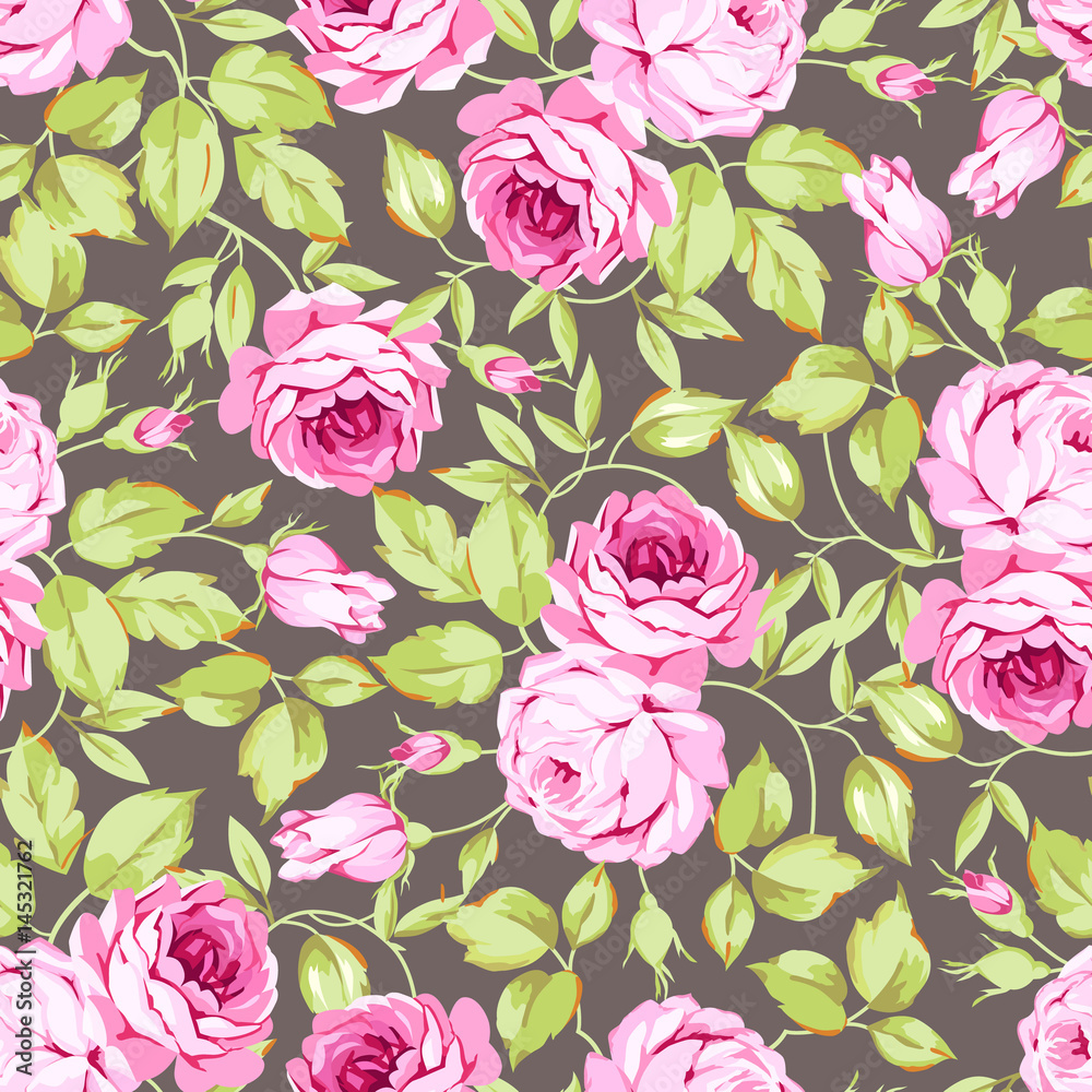 Seamless floral pattern with pink roses and leaves