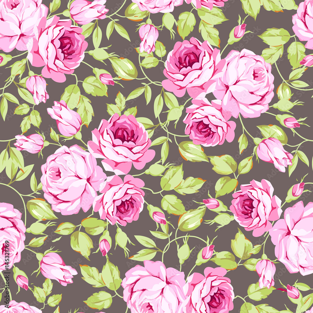 Seamless floral pattern with pink roses and leaves Seamless floral pattern with pink roses and leaves