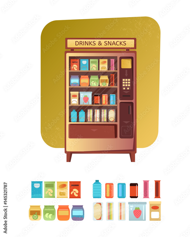Vending Machine with Food and Drink, Soda, Snacks sandwiches and eat packaging set. Vintage vending machine advertisement poster. Flat design vector illustration.