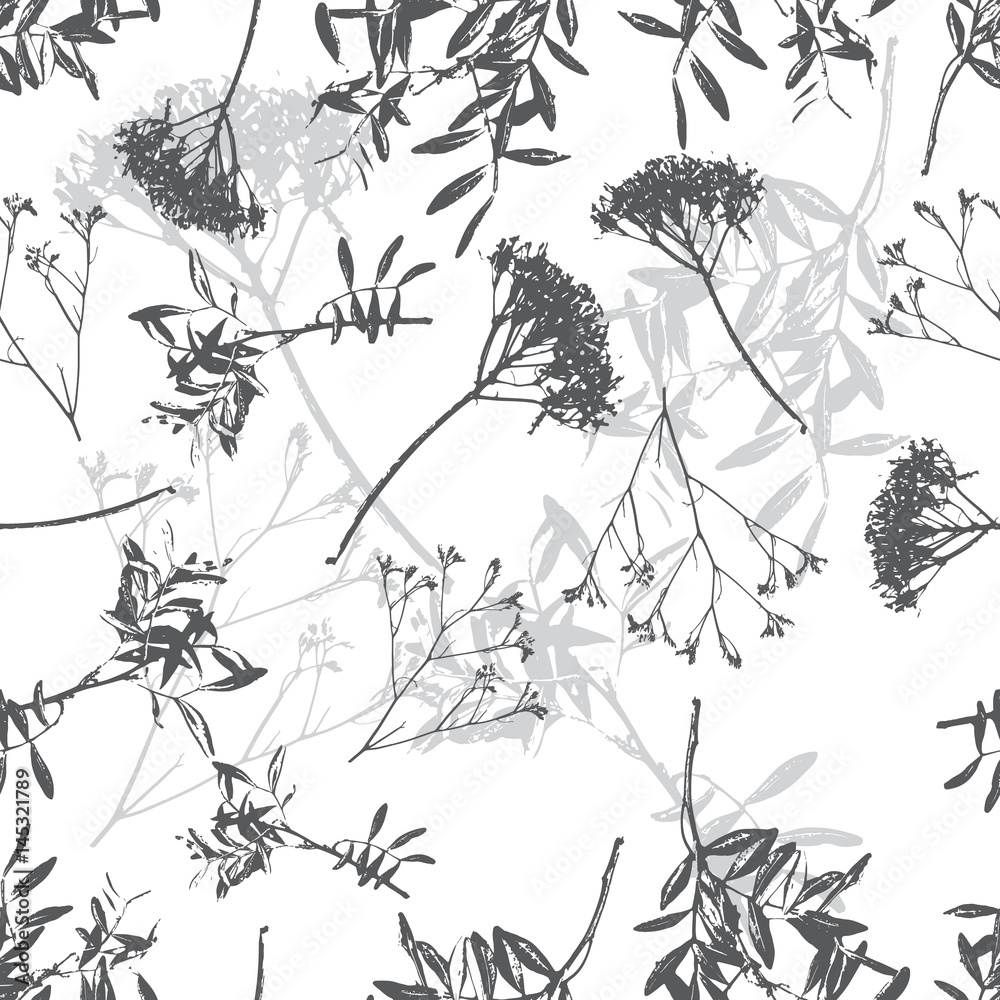 Floral black and white seamless pattern. Universal floral background. Dry leaves and flowers pattern design.