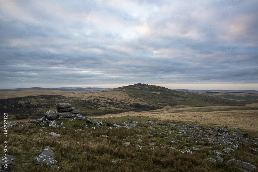 Brown willy tor at dawn with a cloudy sky, cornwall, uk