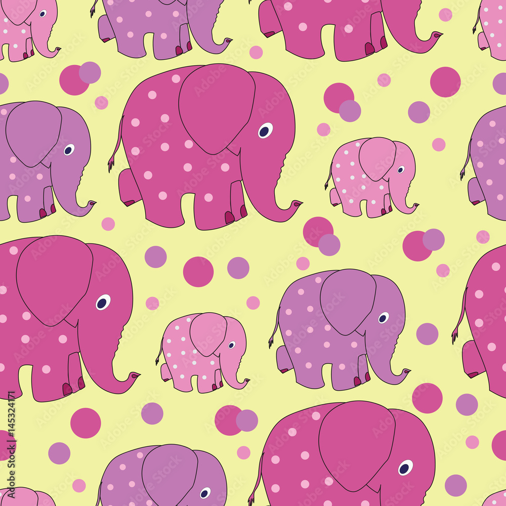 Funny elephants. Zoo. Vector image. Seamless pattern with funny pink elephants from silhouettes and dots. Cute Wallpapers for babies and children. The background is yellow. Funny elephants. Zoo. Vector image. Seamless pattern with funny pink elephants from silhouettes and dots. Cute Wallpapers for babies and children. The background is yellow.