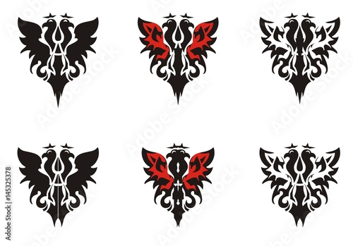 Two-headed eagle symbols. Heraldic eagle icons with crowns in red-black tones