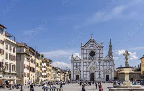 Beautiful view of the famous Piazza Santa Croce in the historic center of Florence, Italy, on a sunny day and blue skies