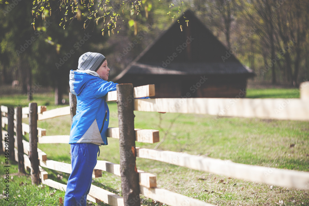 Little boy on fence in farm during early spring time Little boy on fence in farm during early spring time