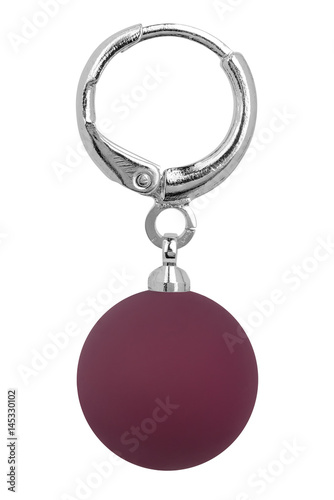Silver earring with one big red round decoration, isolated on white background, clipping path included
