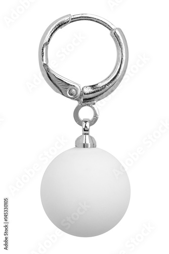 Silver earring with one big white round decoration, isolated on white background, clipping path included