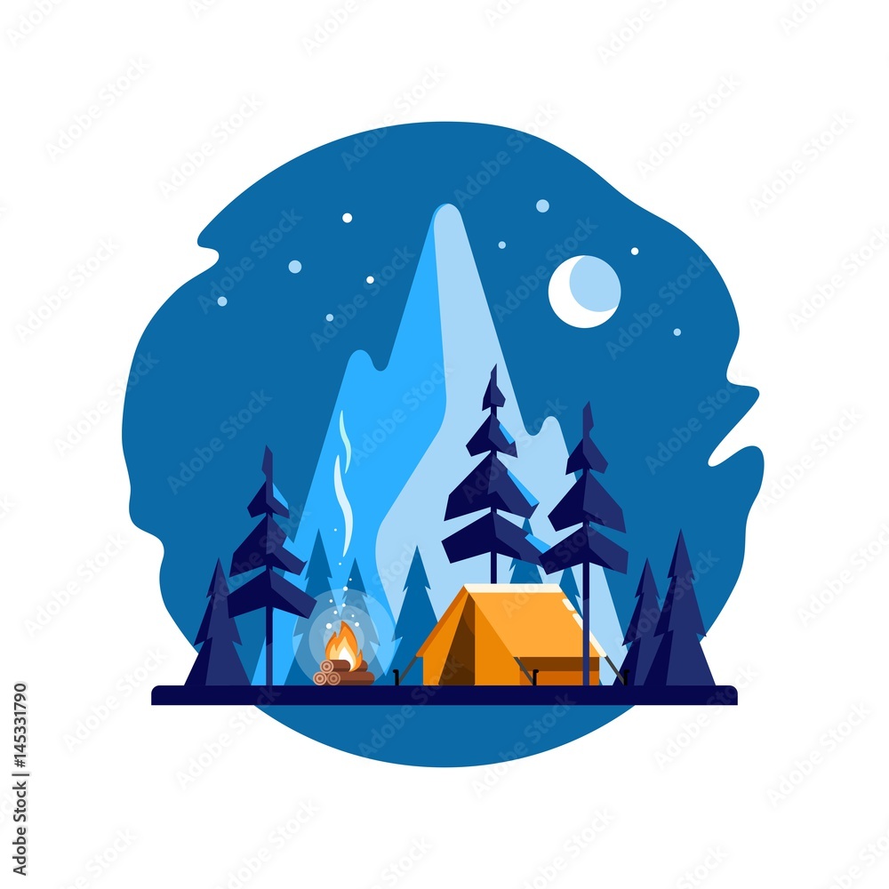 Summer camp. Night landscape with yellow tent, campfire, forest and mountains on the background. Sport, camping, adventures in nature, vacation, and tourism vector illustration.