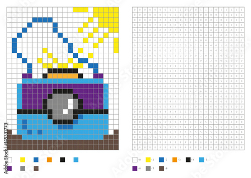 Kids coloring page, pixel coloring with numbered squares. Blue photocamera. Vector illustration