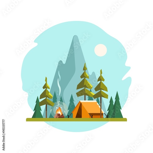 Summer camp. Landscape with yellow tent, campfire, forest and mountains on the background. Sport, camping, adventures in nature, vacation, and tourism vector illustration.