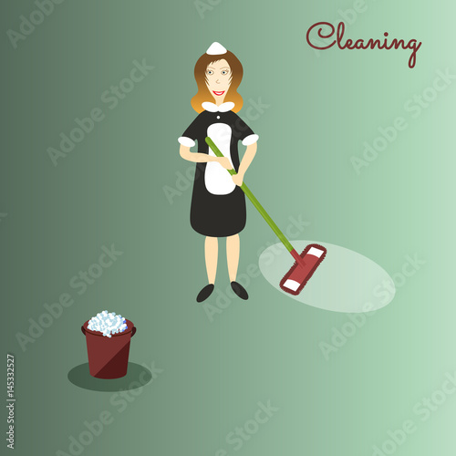 Cute cartoon cleaner in dark dress and white apron with the tools for housekeeping: a burgundy bucket with soapy foam, MOP with green handle and cloth. Green background. Vector illustration. Cleaning