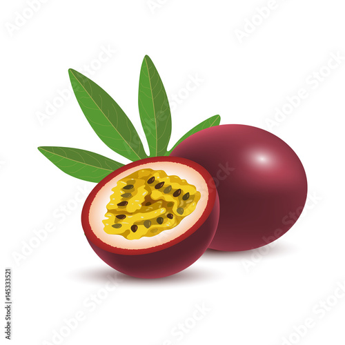 Isolated realistic colored whole and half of juicy purple passion fruit and green leaf with shadow on white background.