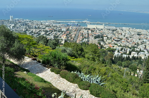 View of Haifa from Upper Terraces of Bahai Gardens, with downtown, the harbor, the industrial zone, and the Mediterranean Sea. Israel