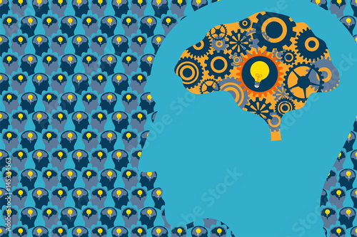 General Business and Management concept. A large human head with mechanical gear inside the brain and many human heads with light bulb inside brain on background.