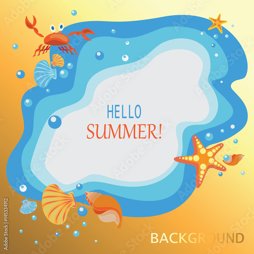 Summer, sea, shells, crabs and sea stars.  Yellow-orange background. Banner design, poster with children's characters cartoon sea creatures.