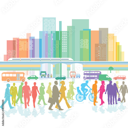 Großstadt mit Fußgänger und Straßenverkehr