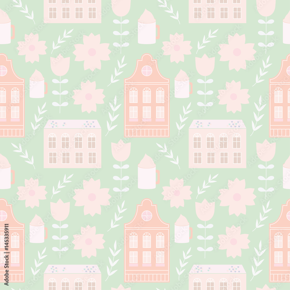 Cute colorful pastel spring Amsterdam house seamless pattern.