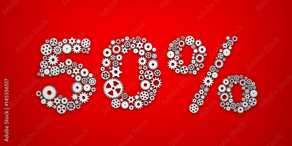 Gears and cogs form text - 50%. Sale metaphor. 3d illustration Gears and cogs form text - 50%. Sale metaphor. 3d illustration