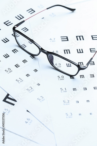 Glasses and eye chart on white background
