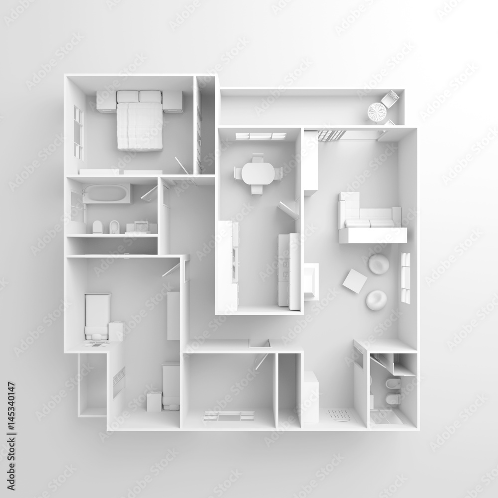 Εκτύπωση καμβά 3d interior rendering of white furnished home apartment