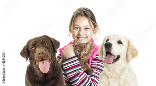 child hugging a kitten And Labrador Dog