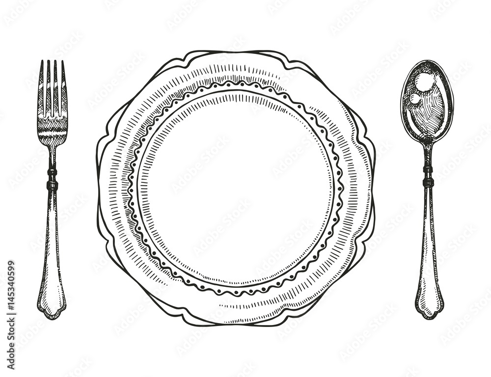 Fork spoon and plate. Vintage vector illustration Stock Vector Adobe Stock