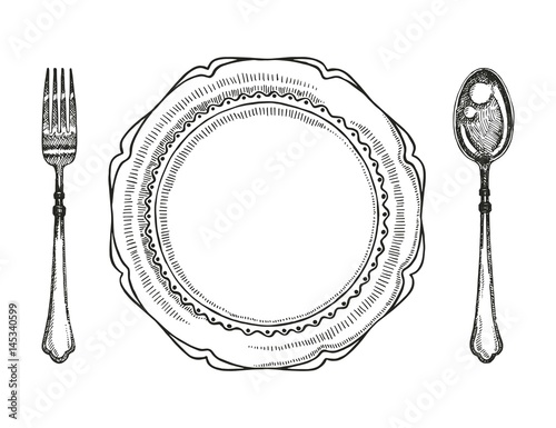 Fork spoon and plate. Vintage vector illustration