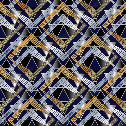 Modern geometric seamless pattern. Abstract  background wallpaper illustration with  3d geometrical shapes  figures  rhombus  triangles and luxury ornaments. Vector surface  texture