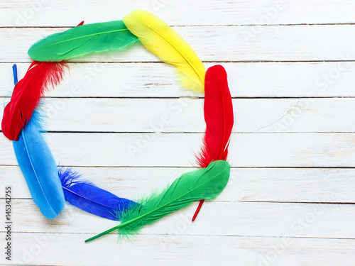 Beautiful multicolored feathers on a white wooden background photo