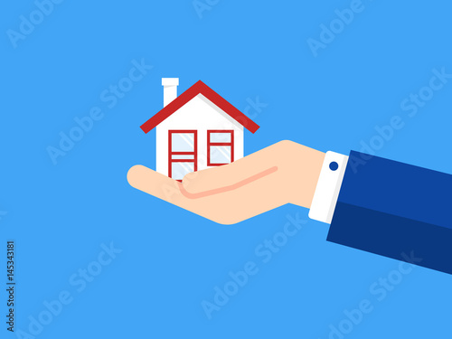Hand agent with home in palm Offer of purchase house Giving  offering  demonstration  handing house