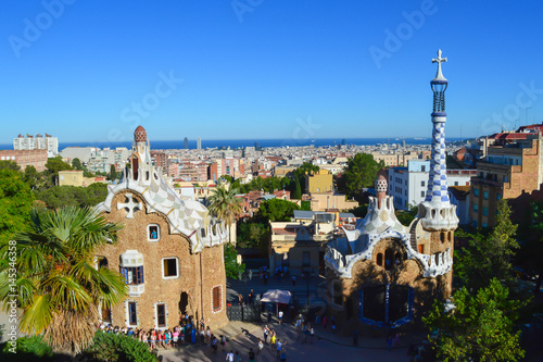 BARCELONA, SPAIN - JUNE 22: Park Guell in Barcelona, Spain on June 22, 2016. Park Guell was designed by Antoni Gaudi and is part of the UNESCO world heritage sites.