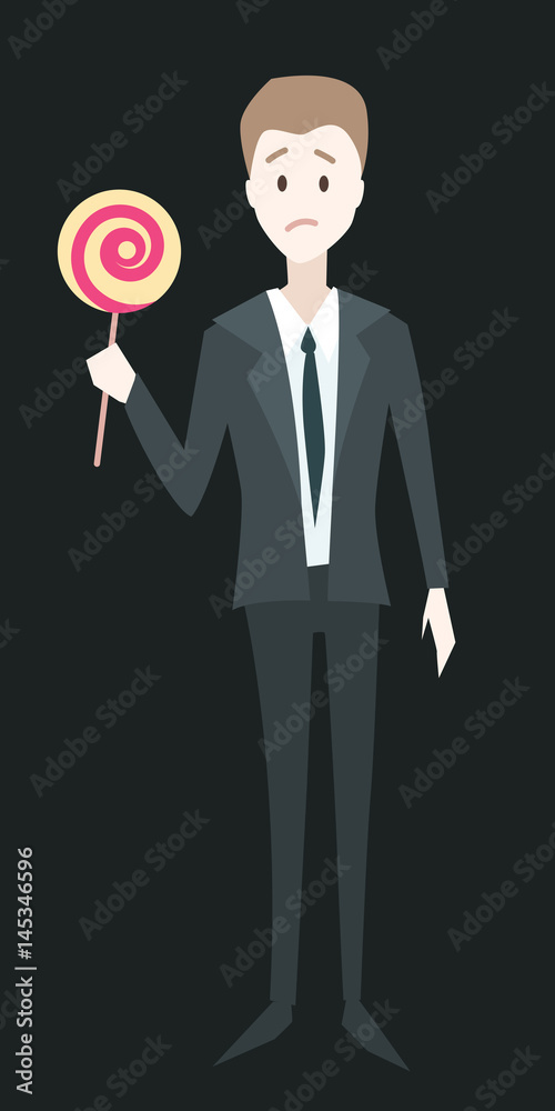 Immature Adult Concept. Businessman with a big lollipop cartoon. Immature Adult Concept. Businessman with a big lollipop cartoon.