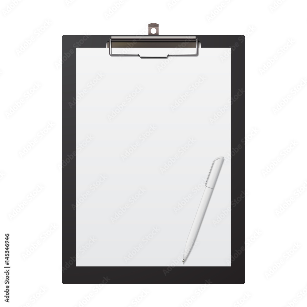 Realistic clipboard with sheet of paper a4 and pen, isolated on white Realistic clipboard with sheet of paper a4 and pen, isolated on white