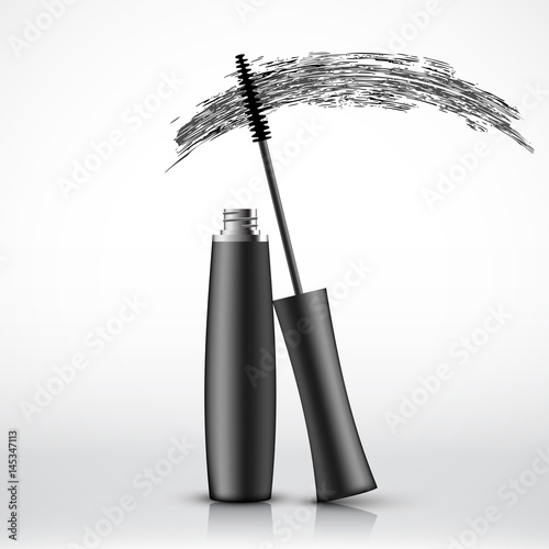 Black mascara tube and brush stroke, isolated on white