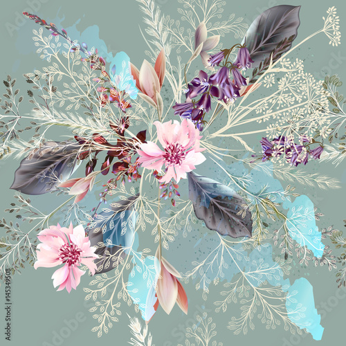 Fabric floral pattern with spring flowers in realistic style. Pasel colors