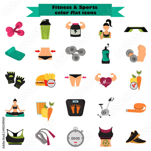 Obraz na plátně Set of sport and fitness color flat icons for web and mobile design