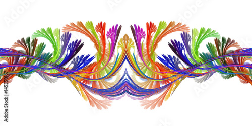 Exotic colorful branches on white background. Abstract symmetrical floral design in blue, red and green colors. Fantasy fractal art. 3D rendering.
