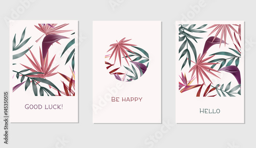 Set of creative universal floral cards in tropical style