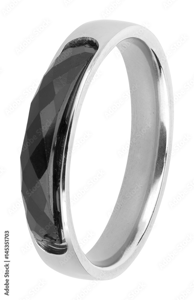 Silver ring with black onyx precious stone, isolated on white background, clipping path included Silver ring with black onyx precious stone, isolated on white background, clipping path included