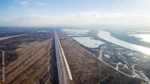 Concrete plant near a big road. Aerial. photo