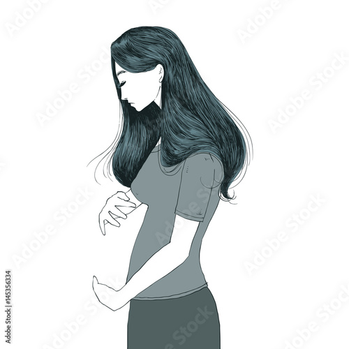 Infertility/Child Loss Concept. Sad young woman holding her imaginary belly. photo