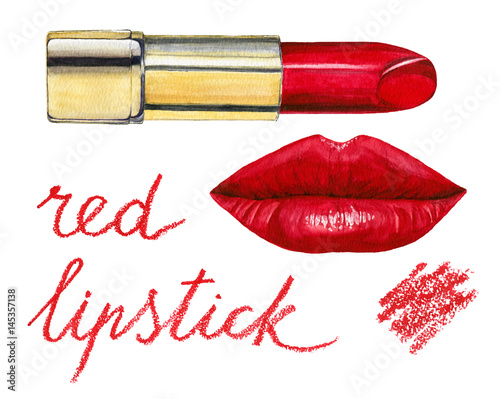 Watercolor lip makeup hand-painted set: lipstick in a gold case, red lips, lettering: red lipstick.