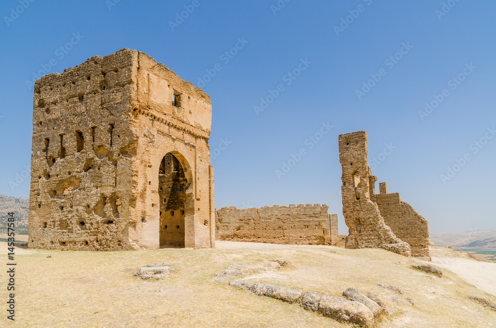 Ruins of ancient Merenid tombs overlooking the arabic city Fez, Morocco, Africa