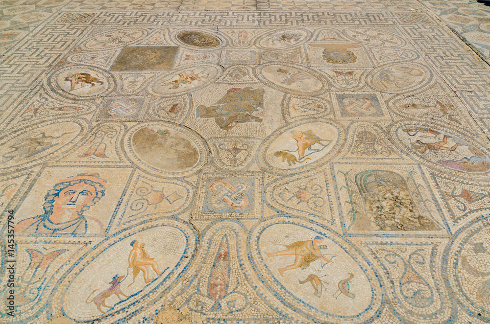 Mosaic of The Heracles twelve labors at Roman ruins of Volubilis near Meknes, Morocco, Africa