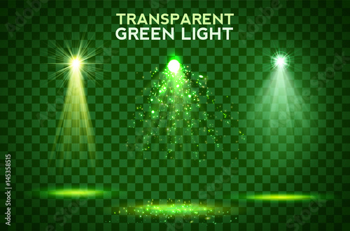 Transparent green lighy effects on a dark background. Spotlights, flare, explosion and stars.